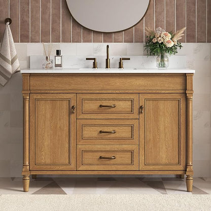48 Inch Bathroom Vanity with Sink Combo, Classic Bathroom Cabinet with Countertop & Backsplash, Solid Wood Vanity with Soft Closing Doors & Dovetail Drawers, Ceramic Sink, Light Walnut