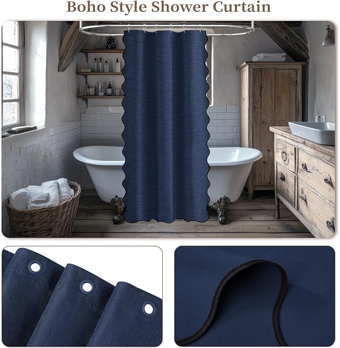 BTTN Boho Stall Shower Curtain, 36 Inch Small Scalloped Linen Textured Heavy Duty Fabric Shower Curtain Set with 6 Hook, Small Elegant Vintage Country Waterproof Cloth Bath Curtains, Navy Blue, 36x72