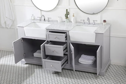 72" Pre-Assembled Bathroom Vanity with Sink, Solid Birch and MDF, Carrara White Marble Countertop Attached, Double Rectangle Porcelain Sink, 3 Soft-Close Drawers, Grey