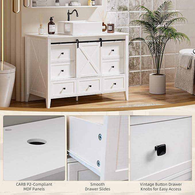 VNN Bathroom Vanity with Sink - 48 Inch Bathroom Vanity with Sink Ceramic, Freestanding Cabinet with Farmhouse Sliding Barn Door and 7 Drawers, Space-Saving Storage Cabinet, Wood Grain Texture, White
