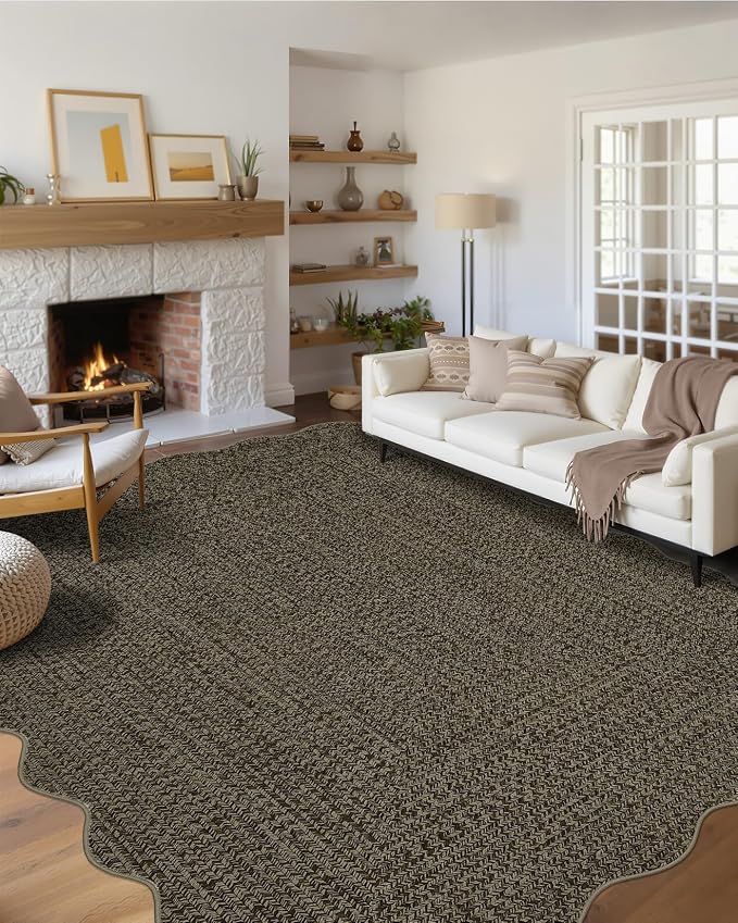 Imitation Braided Collection-Print Large Washable Rug 9x12 Non-Slip Rugs for Living Room, Natural Bordered Carpet, Stain Resistant Thin Foldable Floor Cover Bedroom for Nursery Dining Room