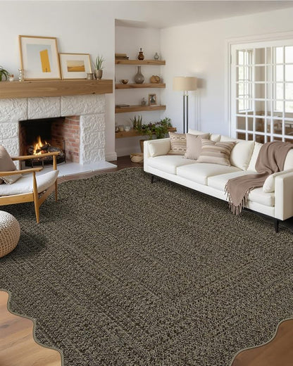 Imitation Braided Collection-Print Large Washable Rug 9x12 Non-Slip Rugs for Living Room, Natural Bordered Carpet, Stain Resistant Thin Foldable Floor Cover Bedroom for Nursery Dining Room