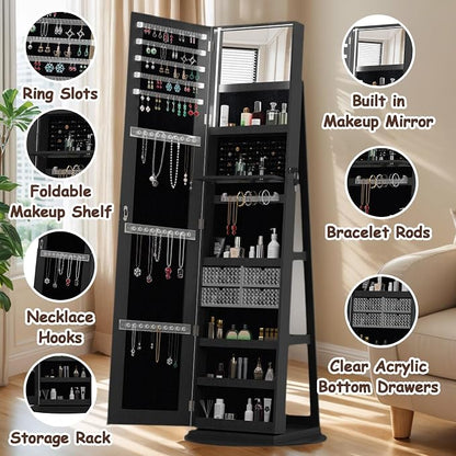 360° Swivel Jewelry Armoire with Full-Length Mirror, Lockable Standing Jewelry Cabinet Organizer w/ Inside Makeup Mirror, Back Storage Shelves for Bedroom, Cloakroom, Living Room (Antique Black1)
