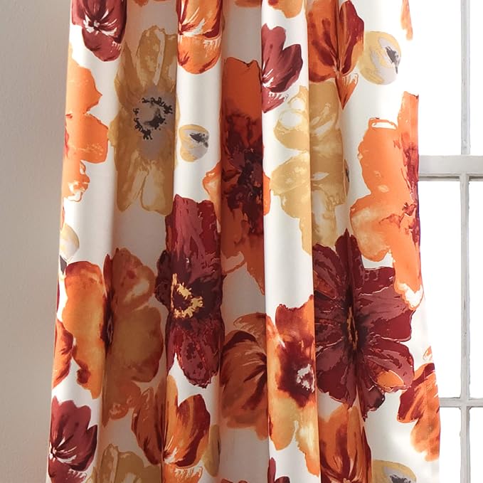 Lush Decor Leah Light Filtering Window Curtain Panels, Pair, 52" W x 95" L, Red & Orange - Floral Drapes for Bedroom - Orange Curtains - Farmhouse Decor