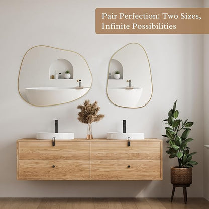 PERFNIQUE Irregular Asymmetrical Wall Mirror, 27''x19'' Gold Bathroom Mirror
