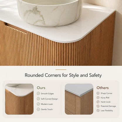 24 Inch Bathroom Vanity with Sink, Floating Wall Mounted Single Sink Vanity for Small Baths, Natural Woodgrain Curved Fluted Front, Stone Top, Marble-Look Round Vessel Basin, Pre-Assembled