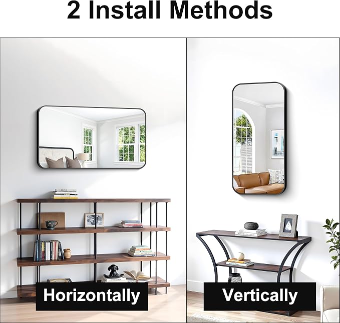 BONEWEI 20x36 inch Bathroom Mirror 2-Pack,Black Rectangle Mirror,Wall Mounted Bathroom Frame Vanity Mirror with Round Corner for Bedroom Living Room, Entryway Hangs Horizontal or Vertical