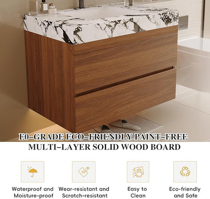 30 inch Modern Floating Bathroom Vanity with Faux Marble Countertop and Ceramic Sink, Wall-Mounted Bathroom Vanity Cabinet with 2 Soft Closing Drawers for Bathroom, Powder Room, Apartment, Walnut