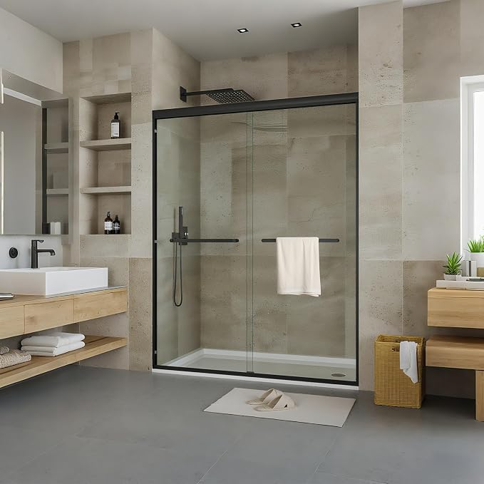 Sliding Glass Shower Door 44–48 Inch W x 72 Inch H, Shower Sliding Glass Door with 8mm Tempered Glass, Double Sliding Shower Door, Matte Black Shower Glass Door for Bathroom