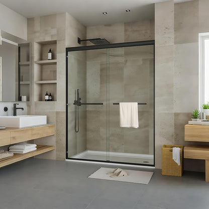 Sliding Glass Shower Door 44–48 Inch W x 72 Inch H, Shower Sliding Glass Door with 8mm Tempered Glass, Double Sliding Shower Door, Matte Black Shower Glass Door for Bathroom