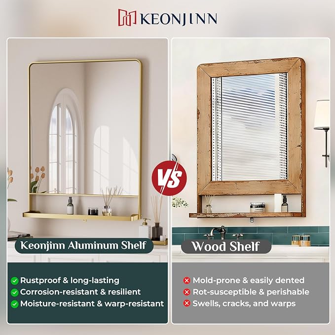 Keonjinn 18" x 28" Gold Bathroom Mirror with Shelf, Rounded Corner | Rust-Resistant, Rectangle Metal Bathroom Vanity Mirror with Storage, French Cleat Mount, Entryway, Bedroom, Hallway, Décor