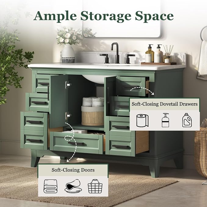 48 Inch Fully Assembled Bathroom Vanity with Sink, Sage Green | Modern Solid Wood Freestanding Vanity for Bathroom, Quartz Top & Backsplash, Soft-Close Doors, Dovetail Drawers, Bath Upgrade