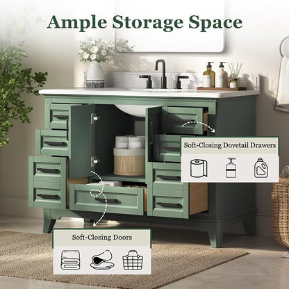 48 Inch Fully Assembled Bathroom Vanity with Sink, Sage Green | Modern Solid Wood Freestanding Vanity for Bathroom, Quartz Top & Backsplash, Soft-Close Doors, Dovetail Drawers, Bath Upgrade
