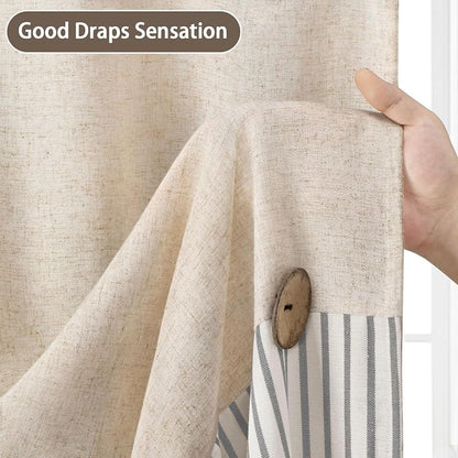 Farmhouse Shower Curtain Linen Button Grey Stripe 72" W x 72" L | Farmhouse Style, Chic Button, Striped, Linen Fabric, Rustic, Country, Natural Look, Washable, for Bathroom Bathtub