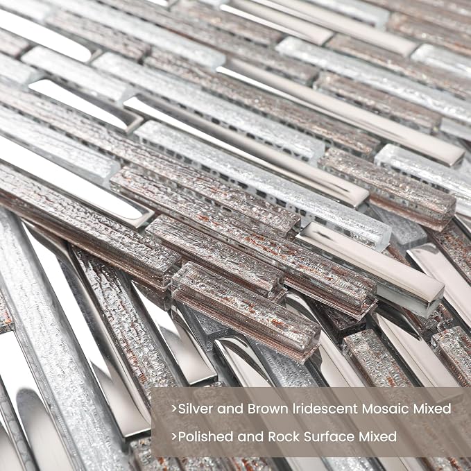 Glass Tiles Mosaic Backsplash Silver 12 Inch (5-Pack, 5 sq.ft.) | Brown Strip for Kitchen Bathroom and Shower Backsplash