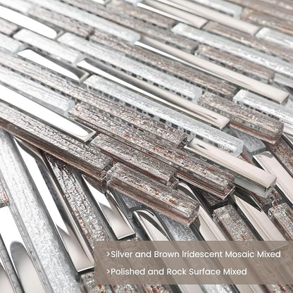 Glass Tiles Mosaic Backsplash Silver 12 Inch (5-Pack, 5 sq.ft.) | Brown Strip for Kitchen Bathroom and Shower Backsplash
