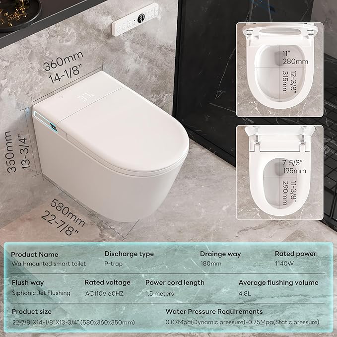 Smart Wall Hung Toilet Combo,Auto Flush, Auto Open/Close LId,Heated Seat,Warm Water/Dryer, Modern Elongated Bidet Toilet with In wall Carrier (No need to buy an additional Water Tank)