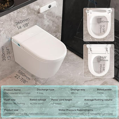 Smart Wall Hung Toilet Combo,Auto Flush, Auto Open/Close LId,Heated Seat,Warm Water/Dryer, Modern Elongated Bidet Toilet with In wall Carrier (No need to buy an additional Water Tank)