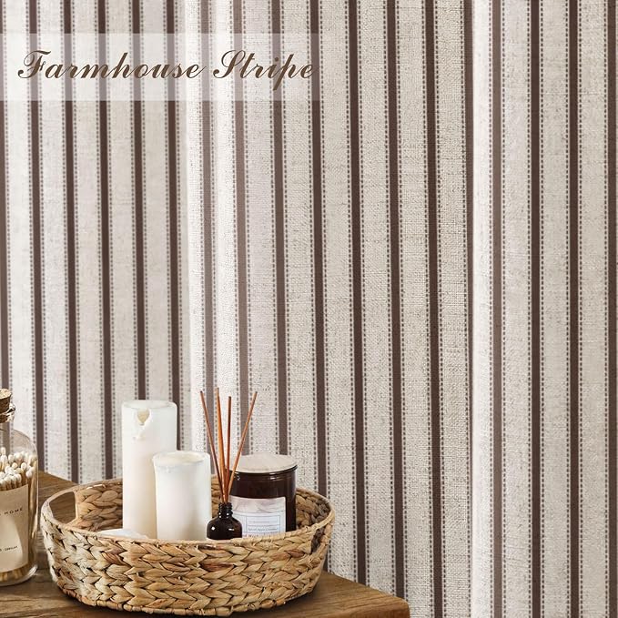 Farmhouse Striped Shower Curtain Brown Vintage Linen Curtain 72"W X 72"L | Striped Shower Curtains with Linen Texture for Bathroom Decor