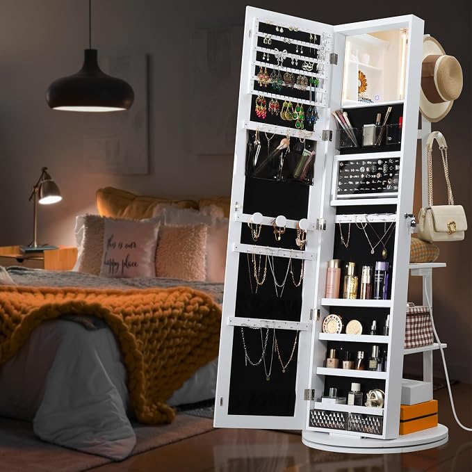 IRONCK 360° Swivel Jewelry Cabinet with Full-Length Mirror, Power Outlet | Lockable Standing Jewelry Organizer with Rear Storage Shelves, Interior Mirror, LED Lights, White