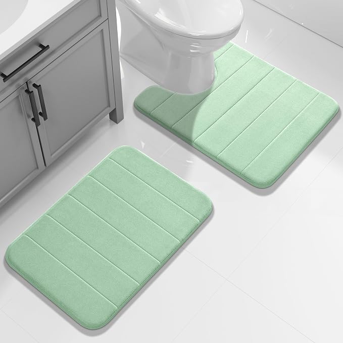 Yimobra Memory Foam Toilet Bath Mat U-Shaped, 24 X 20 Inches,Soft and Comfortable, Super Water Absorption, Non-Slip, Machine Wash and Easier to Dry for Bathroom Commode Contour Rug, Pale Green