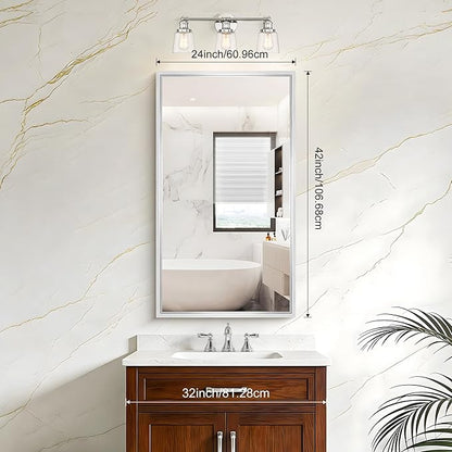 42x24 Silver Bathroom Mirror, Brushed Silver Rectangular Mirror for Wall, 0.6" Thickened Deep Frame Mirrors for Bathroom Sink, Shatterproof Tempered Glass, Antirust, Horizontally or Vertically
