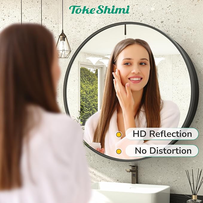 TokeShimi 28 Inch Round Medicine Cabinet for Bathroom with Mirror Surface Mount Only Black Metal Framed Mirrored Bathroom Cabinet Large Modern Farmhouse Circle Wall Mounted Vanity Mirror with Storage