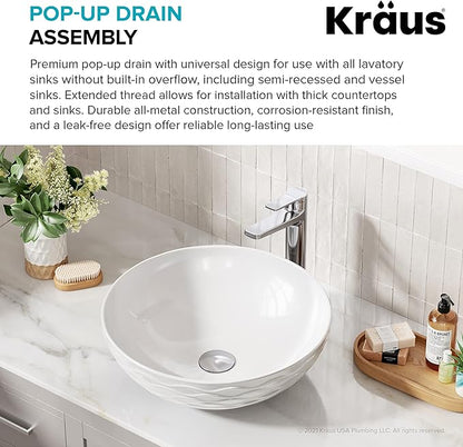 KRAUS Bathroom Sink Pop-Up Drain Assembly in Chrome for Vessel Sinks and Sinks without Overflow, with Extended Thread for Thicker Countertops, PU-L10CH