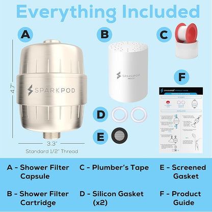 SparkPod 23-Stage Shower Head Filter for Showerheads, Brushed Nickel | Removes Chlorine & Heavy Metals, Helps Improve Hard Water, with Activated Carbon and KDF-55 Layers, High Output