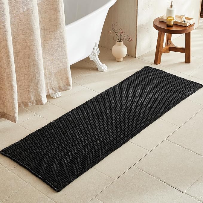 TYUU Black Waffle Runner Rug Bathroom, Long Boho Bath Mat, 72x24 | Super Absorbent Quick Dry Bath Rug, Non-Slip Backing, Soft Waffle Washable Farmhouse Bathroom Mats, Tub, Shower & Home Decor