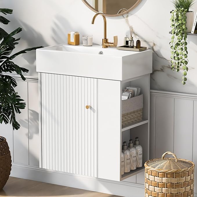 Merax 20" Wall-Mount Bathroom Vanity with Ceramic Sink, 20 Inch Floating Sink Vanity for Small Space,Modern Bathroom Vanity Cabinet Set w/Doors & Open Shelf, Solid Wood Frame
