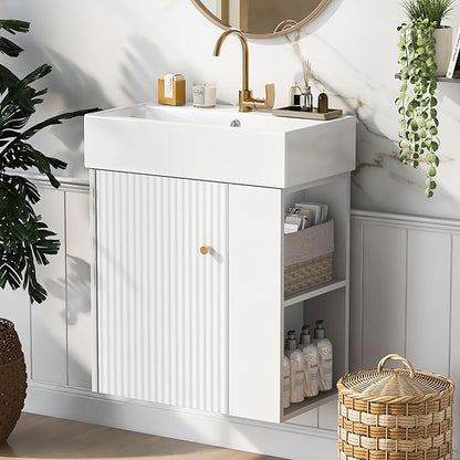 Harper & Bright Designs 21.6" Bathroom Vanity with Sink, Wall-Mounted Single Basin Vanity Set with Cabinet & Two-Tier Right Side Storage Shelf, Storage Cabinet with Ceramic Basin for Bathroom, White