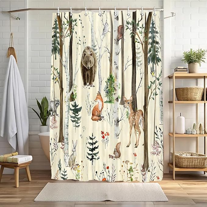 JAWO Camper Shower Curtain, Rustic Lodge Cabin Woodsy Wildlife Animals Woodland Rv Shower Curtains Camper Camping Bathroom Set with Hooks, 47X64 Inch, Beige