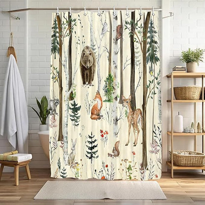JAWO Camper Shower Curtain, Rustic Lodge Cabin Woodsy Wildlife Animals Woodland Rv Shower Curtains Camper Camping Bathroom Set with Hooks, 47X64 Inch, Beige