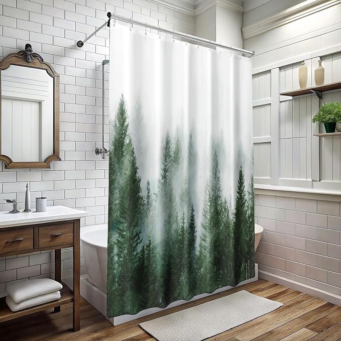 ORTIGIA 84 Inch Long Green Misty Forest Shower Curtain for Bathroom, Nature Woodland Shower Curtain Set with Hooks, Decorative Pine Tree Fog Magic Bath Curtain, Waterproof Fabric, Weighted, 72x84