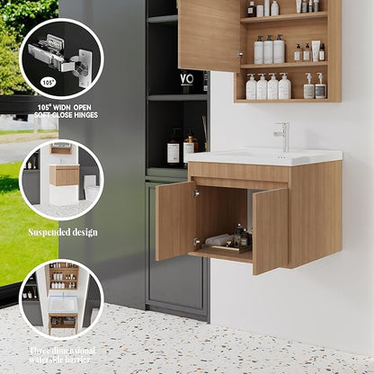 28'' Bathroom Vanity with Ceramic Sink Combo, Wall Mounted Small Bathroom Vanity with Soft-Close Door Modern Floating Cabinet, Pop-up Drain, P-Trap Included, Walnut(No Faucet)