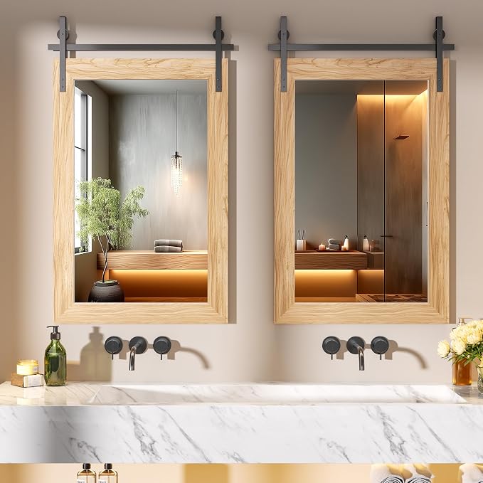 Hasipu Farmhouse Bathroom Mirror, 24"x36" Rustic Wood Framed Wall Mounted Mirror, Brown Vintage Vanity Mirror Barn Door Style Decrative Mirrors