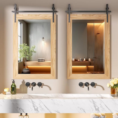 Hasipu Farmhouse Bathroom Mirror, 24"x36" Rustic Wood Framed Wall Mounted Mirror, Brown Vintage Vanity Mirror Barn Door Style Decrative Mirrors
