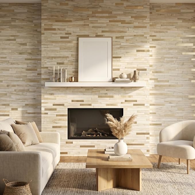 Yipscazo 10 Sheets Peel and Stick Stone Metal Tile Backsplash, Stick on Tiles for Backsplash Kitchen, Bathroom, Laundry Room, Camper, Fireplace (12'' X 12'', Beige Stone with Gold)