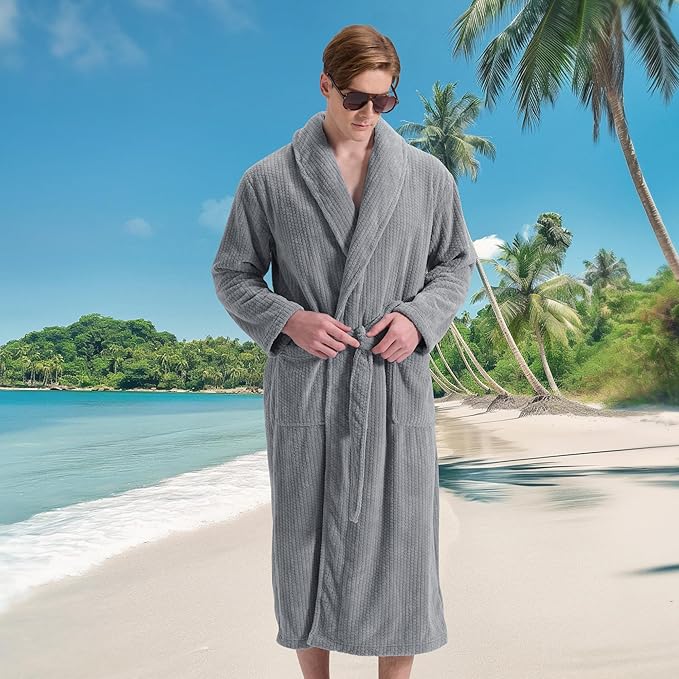 Men's Shawl Collar Bathrobe, Soft Long Towel Robe for Men - Super Absorbent Quick Dry yet Warm