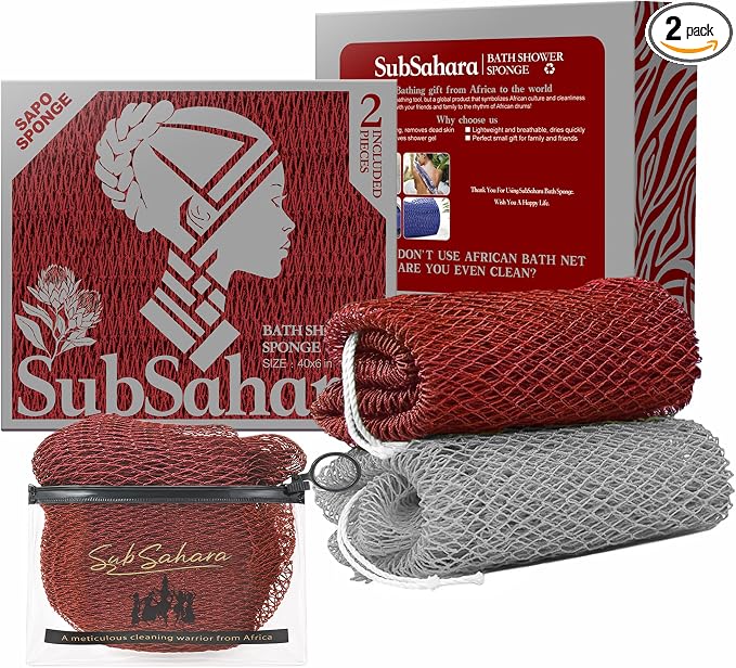 Authentic African Net Sponge, 2 Pack 45-Inch Exfoliating Bath Sponge and Shower Loofah for Body and Back, Colorfast Quick-Dry Knotted Mesh Scrubber with Travel Pouch (Gray & Rust Red)