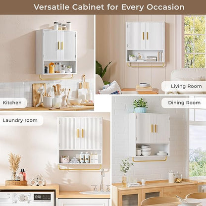 Bathroom Cabinet Wall Mount with Fluted Door Panel & Adjustable Shelf, Medicine Cabinet with Open Partition and Towel Bar, Wall Storage Cabinet for Laundry Room & Kitchen (White)