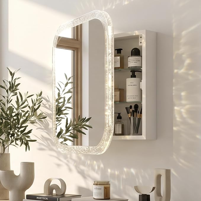 FKWin Luxury Medicine Cabinet Mirror for Bathrooms or Apartment, Wall Mount | Crystal Embossed Acrylic Frame Medicine Cabinets for Bathroom, Easy Install, Adjustable Shelves, Reversible Door, 21x21 inch