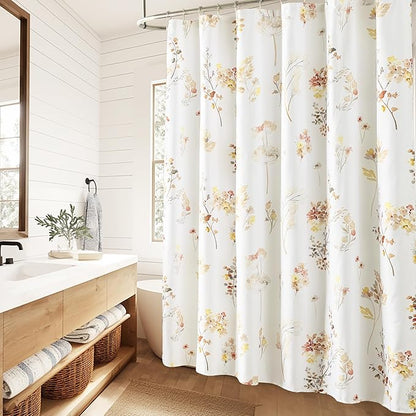 Colorful Floral Stall Shower Curtain, Earthy Terracotta Orange Boho Fabric Shower Curtains Set with Hooks, 36x72
