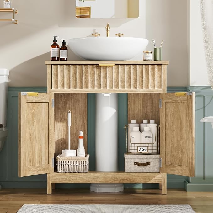Pedestal Sink Storage Cabinet with 2 Doors and Drawer, Bathroom Sink Cabinet with U-Shape Cut-Out, Fluted Pedestal Sink Cabinet, Natural Oak