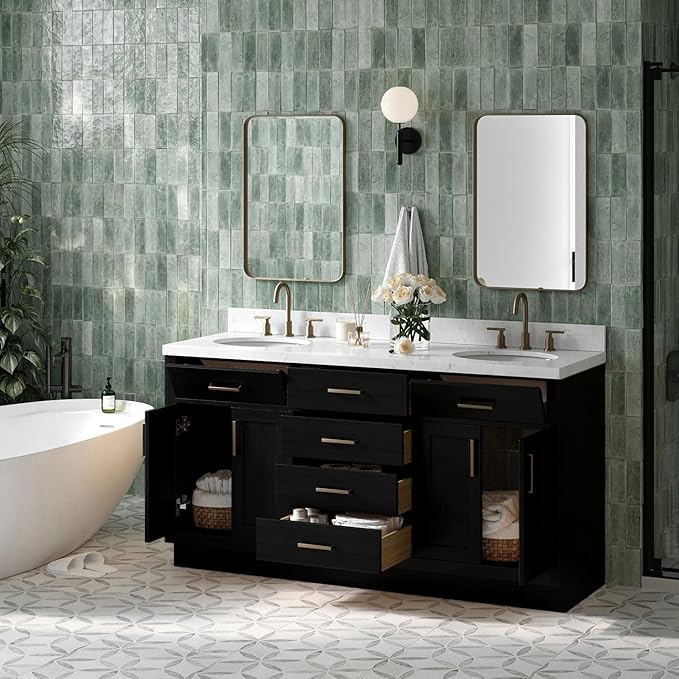 ARIEL Hepburn 66-inch Bathroom Vanity with Sink,Solid Wood, 1.5-inch Carrara White Quartz Countertop & Backsplash, Double Oval Porcelain Sink, 4 Soft Closing Doors, 6 Dovetail Drawers, Black Oak