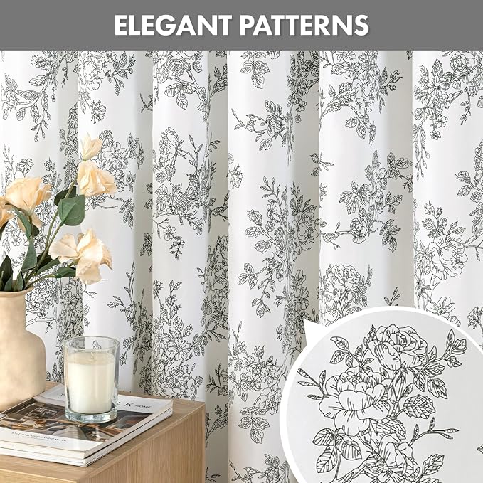 Extra Long Black Floral Shower Curtain W72*L84 Inches Long | Linen Textured Fabric, 12 Rustproof Metal Hooks, Wrinkle Resistant Cloth, Machine Washable, Bathroom Decor for Cottage Core