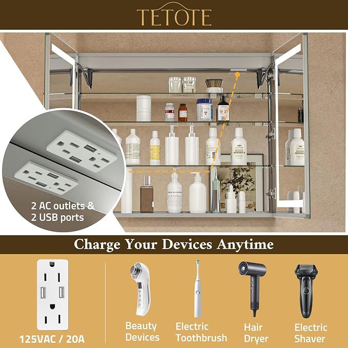 30 x 32 Lighted Medicine Cabinet Mirror for Bathroom with LED Lights, 2 Door Tempered Glass Recessed or Surface Mount Mirrored Cabinet, Outlets & USB, 3-Color Dimming, Defog, Adjustable Shelf