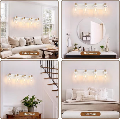 Farmhouse 4-Light Wood Bathroom Vanity Light, White Metal Cage Shade