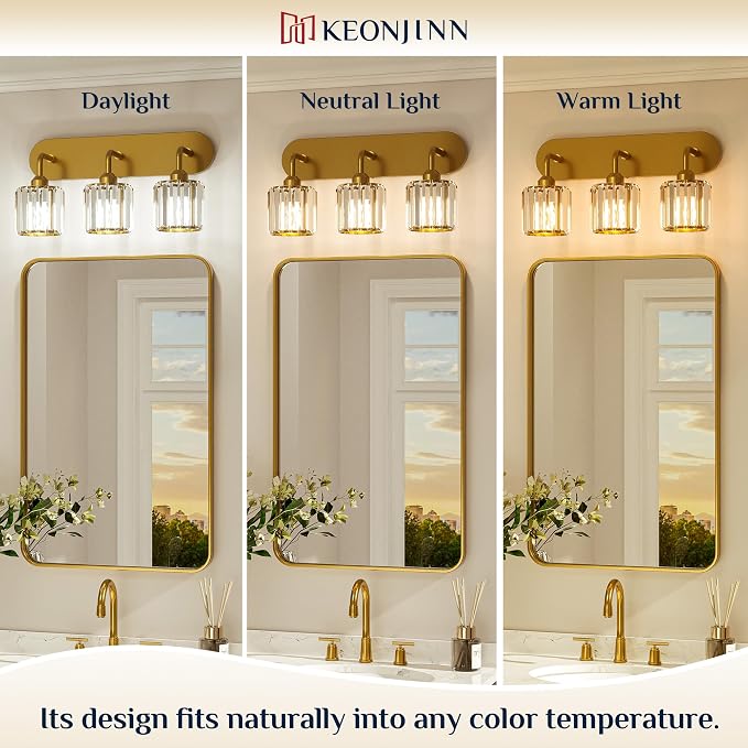 Keonjinn 5-Light Crystal Bathroom Light Fixtures Over Mirror, Gold | Vanity Lighting Fixture with Square Shades, Dimmable, Modern Style, Compatible with E26 Base LED Bulbs (Blub Not Included)